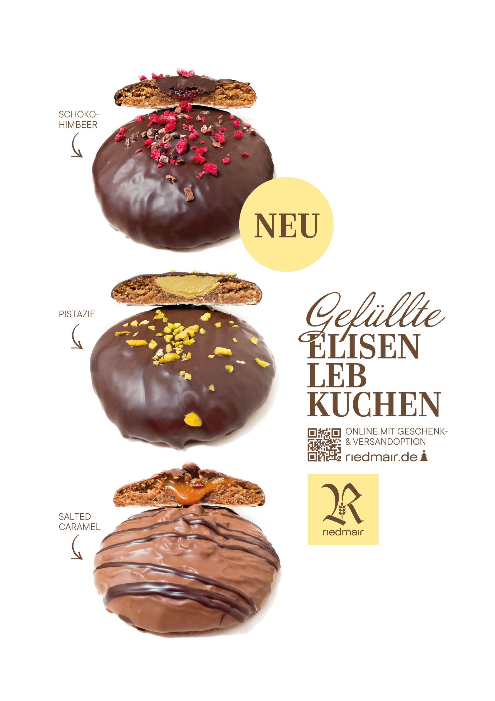 Werbegrafik für neue gefüllte Elisenlebkuchen von Riedmair in den Sorten Schoko-Himbeer, Pistazie und Salted Caramel. Edle Lebkuchen mit cremiger Füllung und feinem Schokoladenüberzug.